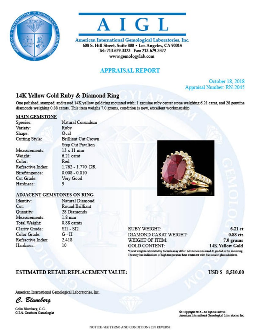 14K Yellow Gold 6.21ct Ruby and 0.88ct Diamond Ring - 5