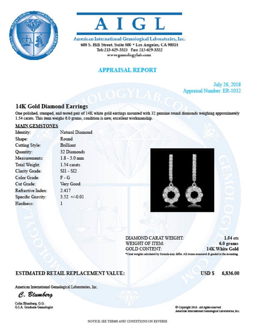 14K Gold 1.54ct Diamond Earrings - 4