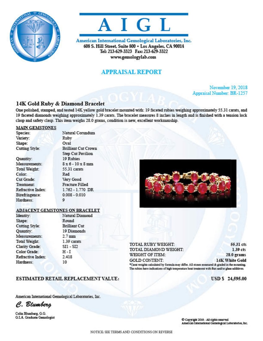 14K Gold 55.31ct Ruby 1.39ct Diamond Bracelet - 5