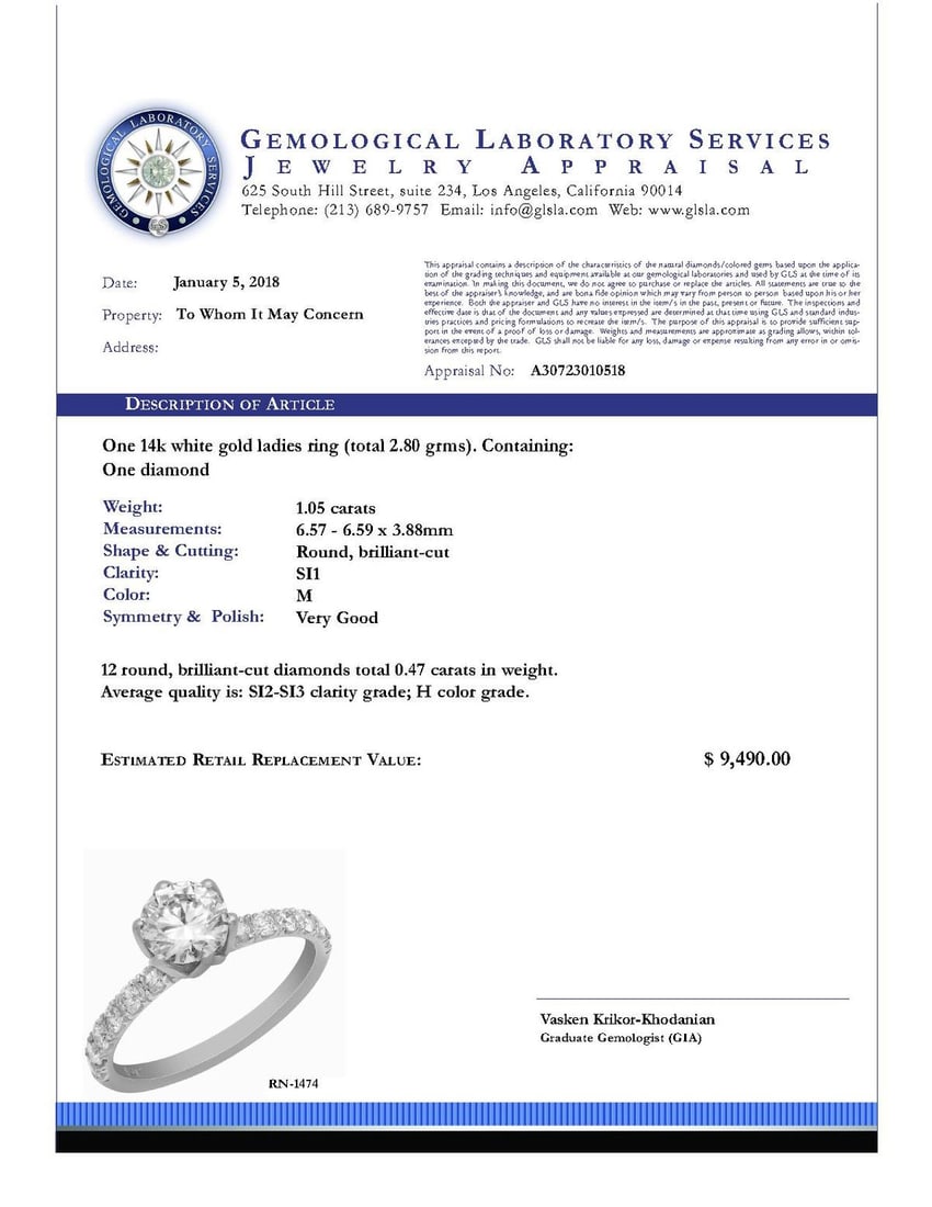 14k White Gold 1.05ct Diamond Ring - 5