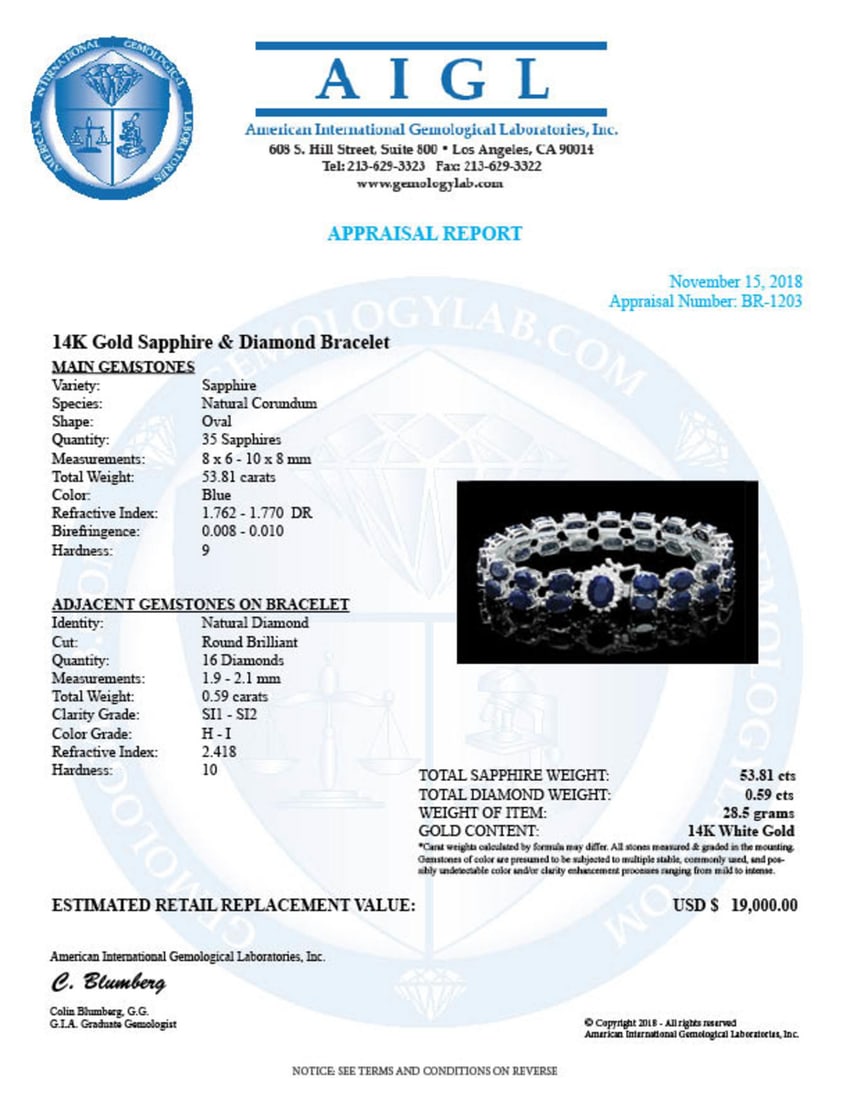 14K Gold 53.81ct Sapphire 0.59ct Diamond Bracelet - 6