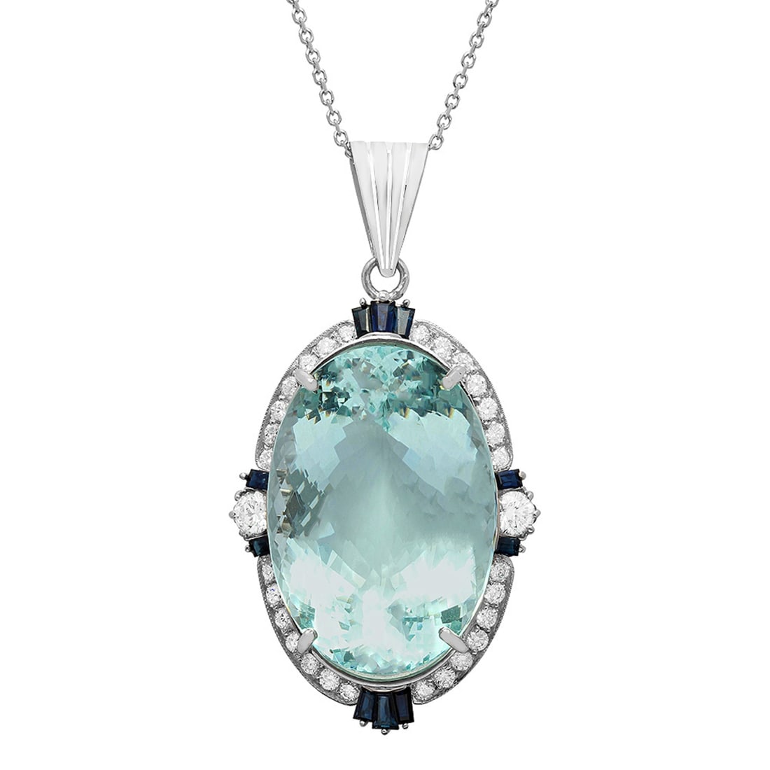 14k White Gold 45.10ct Aquamarine 0.70ct Blue Sapphire 2.40ct Diamond Pendant: Retail: $32,600.00 ****** 14k White Gold 45.10ct Aquamarine 0.70ct Blue Sapphire 2.40ct Diamond Pendant ****** Metal: 14K White Gold / Total Item Weight: 26.55 grams / Country Made: United States / 