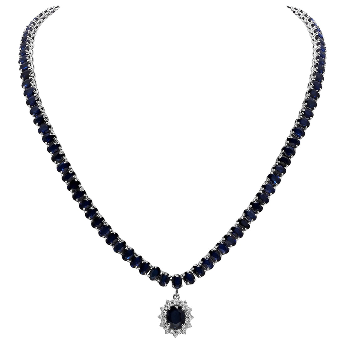 14k White Gold 2.25ct & 54.49ct Sapphire 0.85ct Diamond Necklace: Retail: $18,840.00 ****** 14k White Gold 2.25ct & 54.49ct Sapphire 0.85ct Diamond Necklace ****** Metal: 14K White Gold / Total Item Weight: 35.47 grams / Country Made: United States / / Main Stone: