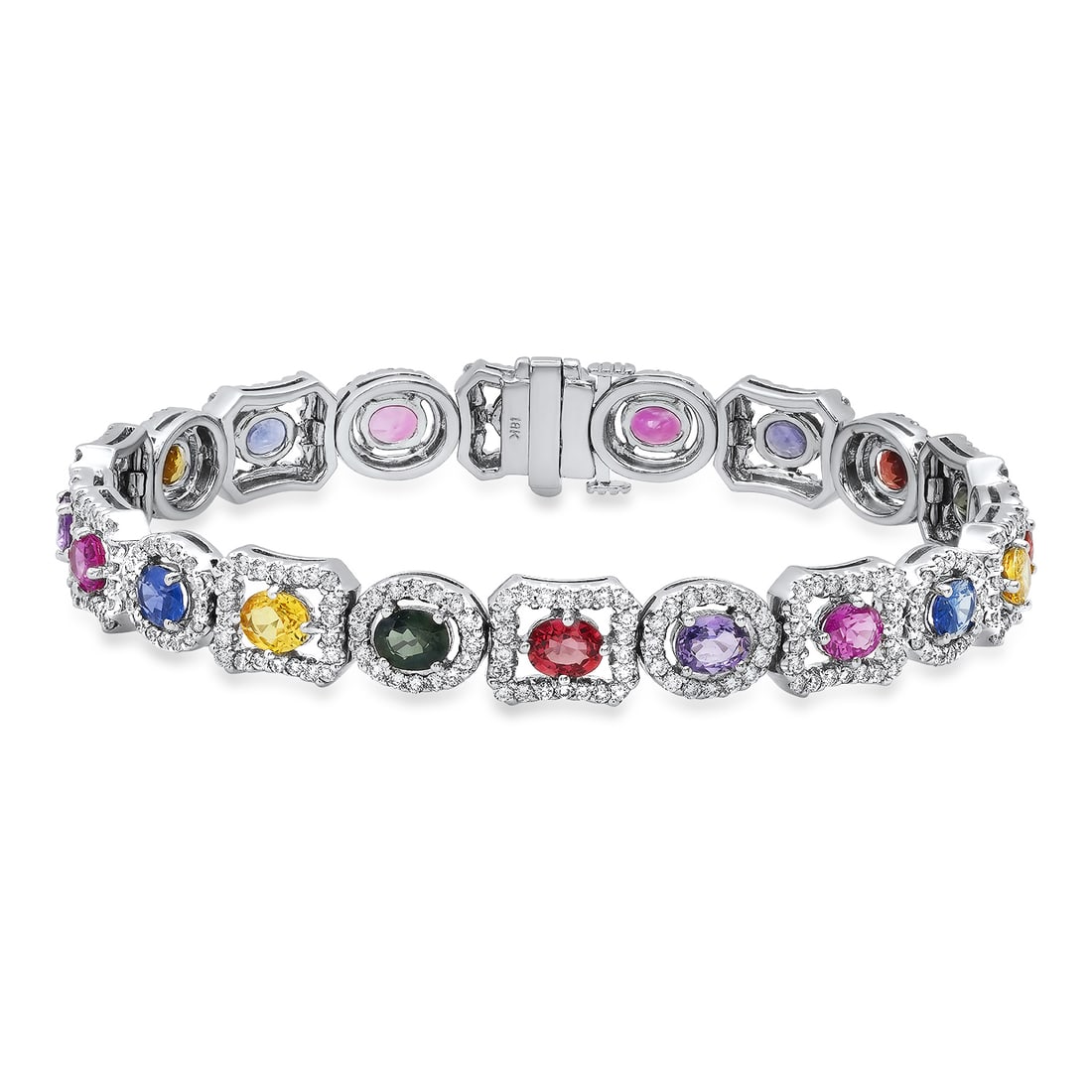 18K White Gold 9.76ct Multi Colored Sapphire and 4.11ct Diamond Bracelet: Retail: $27,965.00 ****** 18K White Gold 9.76ct Multi Colored Sapphire and 4.11ct Diamond Bracelet ****** Size: 7.5 / Metal: 18K White Gold / Total Item Weight: 25 Grams / Country Made: United States
