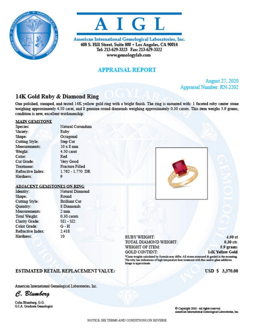 14K Yellow Gold 4.50ct Ruby and 0.30ct Diamond Ring - 6