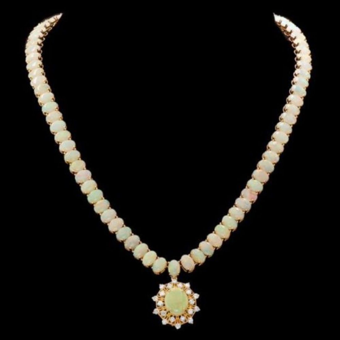 14K Yellow Gold 34.65ct Opal and 1.06ct Diamond Necklace: Retail: $35,325.00 ****** 14K Yellow Gold 34.65ct Opal and 1.06ct Diamond Necklace ****** Metal: 14K Yellow Gold / Total Item Weight: 34.0 Grams / Country Made: United States / / Main Stone: Opal /