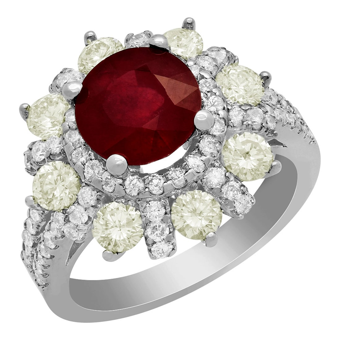 14k White Gold 3.06ct Ruby 1.86ct Diamond Ring: Retail: $7,475.00 ****** 14k White Gold 3.06ct Ruby 1.86ct Diamond Ring ****** Metal: 14K White Gold / Total Item Weight: 6.90 grams / Country Made: United States / / Main Stone: Ruby / Color:
