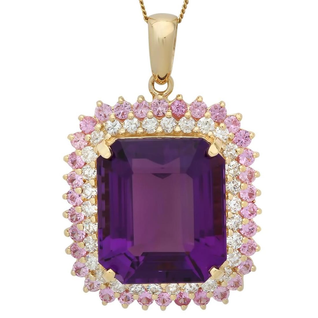 14K Gold 25.29ct Amethyst 2.0ct Pink Sapphire 1.56ct Diamond Pendant: Retail: $12,707.00 ****** 14K Gold 25.29ct Amethyst 2.0ct Pink Sapphire 1.56ct Diamond Pendant ****** Metal: 14K Yellow Gold / Total Item Weight: 17.3 Grams / Country Made: United States / / Main Ston