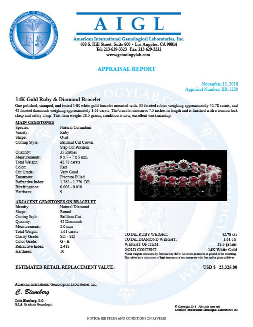 14K Gold 42.78ct Ruby 1.61ct Diamond Bracelet - 5