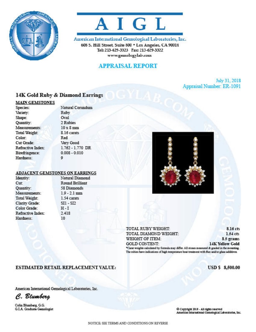 14k Gold 8.16ct Ruby 1.54ct Diamond Earrings - 3