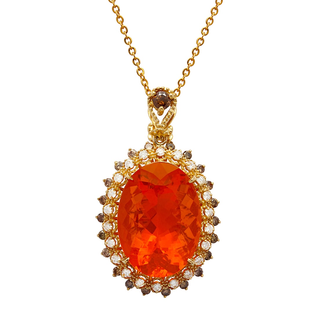 14k Yellow Gold 18.20ct Fire Opal 0.66ct & 0.94ct Diamond Pendant: Retail: $11,400.00 ****** 14k Yellow Gold 18.20ct Fire Opal 0.66ct & 0.94ct Diamond Pendant ****** Metal: 14K Yellow Gold / Total Item Weight: 10.30 grams / Country Made: United States / / Main Stone: