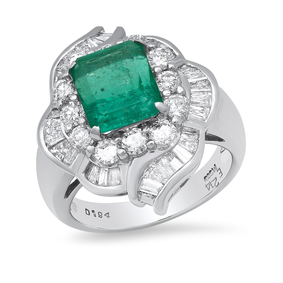 Platinum Setting with 2.44ct Emerald and 1.94ct Diamond Ladies Ring: Retail: $14,186.00 ****** Platinum Setting with 2.44ct Emerald and 1.94ct Diamond Ladies Ring ****** Size: 7(we offer free resizing to winning bidders) / Metal: Platinum / Total Item Weight: 13.4