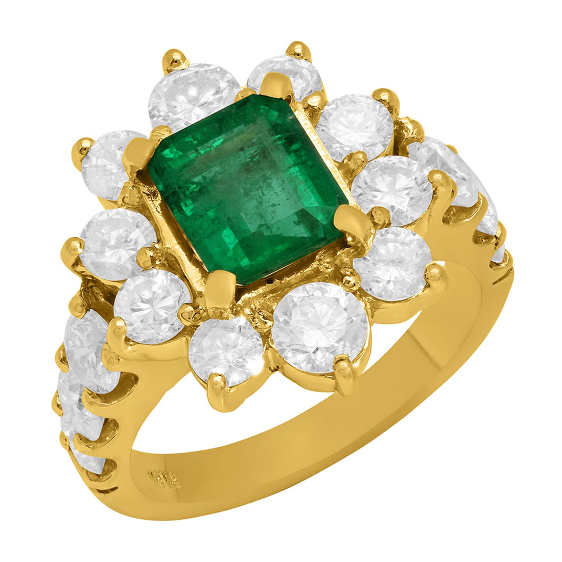 14k Yellow Gold 1.70ct Emerald 2.73ct Diamond Ring: Retail: $9,725.00 ****** 14k Yellow Gold 1.70ct Emerald 2.73ct Diamond Ring ****** Metal: 14K Yellow Gold / Total Item Weight: 7.65 grams / Country Made: United States / / Main Stone: Emerald / Color: