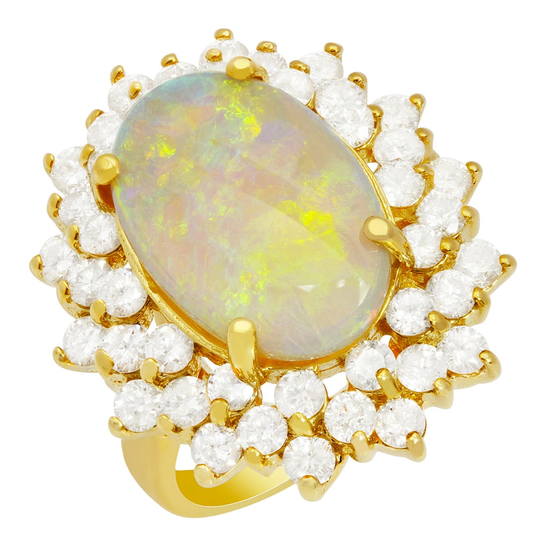 14k Yellow Gold 5.20ct White Opal 2.49ct Diamond Ring: Retail: $13,800.00 ****** 14k Yellow Gold 5.20ct White Opal 2.49ct Diamond Ring ****** Metal: 14K Yellow Gold / Total Item Weight: 9.60 grams / Country Made: United States / / Main Stone: White Opal
