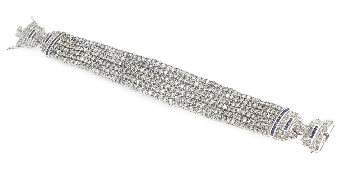18K White Gold Ladies Bracelet with 17.97ct tw Diamonds and 1.34ct Sapphire: Retail: $43,000.00 ****** 18K White Gold Ladies Bracelet with 17.97ct tw Diamonds and 1.34ct Sapphire ****** Size: 7 / Metal: 18K White Gold / Total Item Weight: 54.91 Grams / Country Made: United