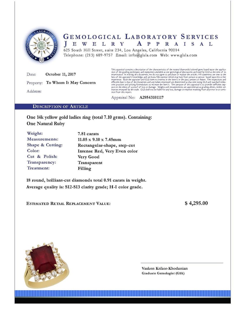14k Yellow Gold 7.81ct Ruby 0.91ct Diamond Ring - 4