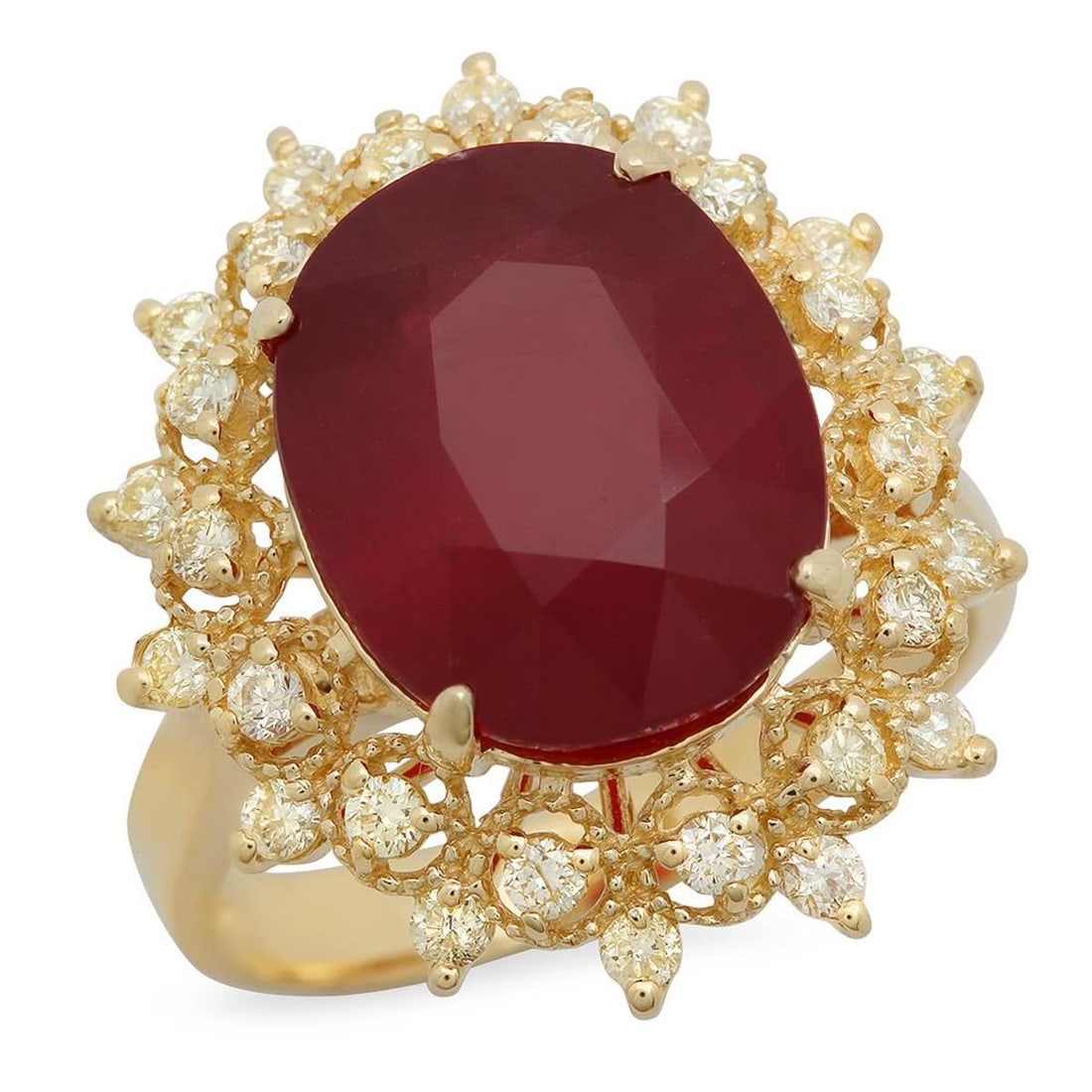 14K Yellow Gold 8.39ct Ruby and 0.53ct Diamond Ring: Retail: $5,590.00 ****** 14K Yellow Gold 8.39ct Ruby and 0.53ct Diamond Ring ****** Metal: 14K Yellow Gold / Total Item Weight: 6.4 Grams / Country Made: United States / / Main Stone: Ruby / Color: Re