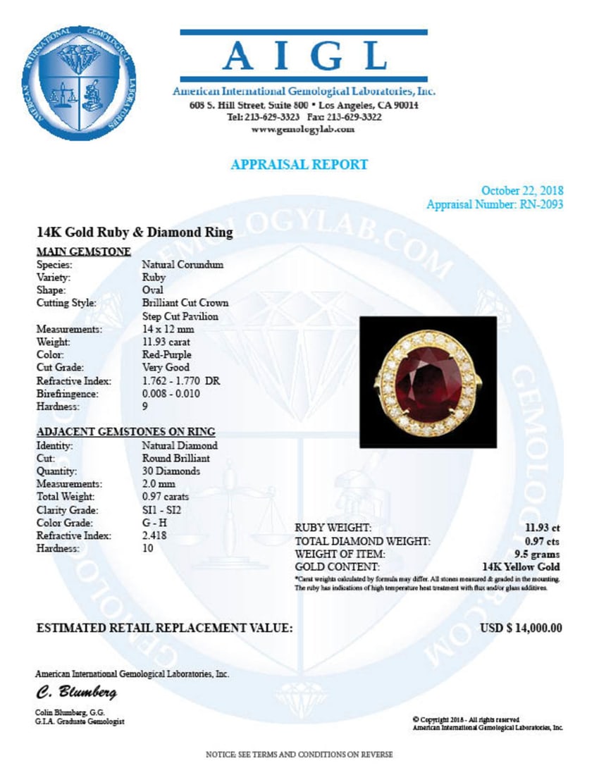 14K Yellow Gold 11.93ct Ruby and 0.97ct Diamond Ring - 5