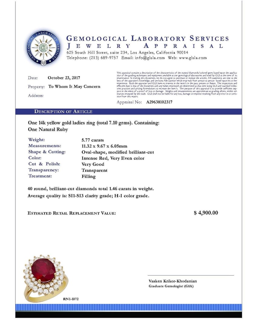 14K Gold 5.77ct Ruby and 1.46ct Diamond Ring - 5