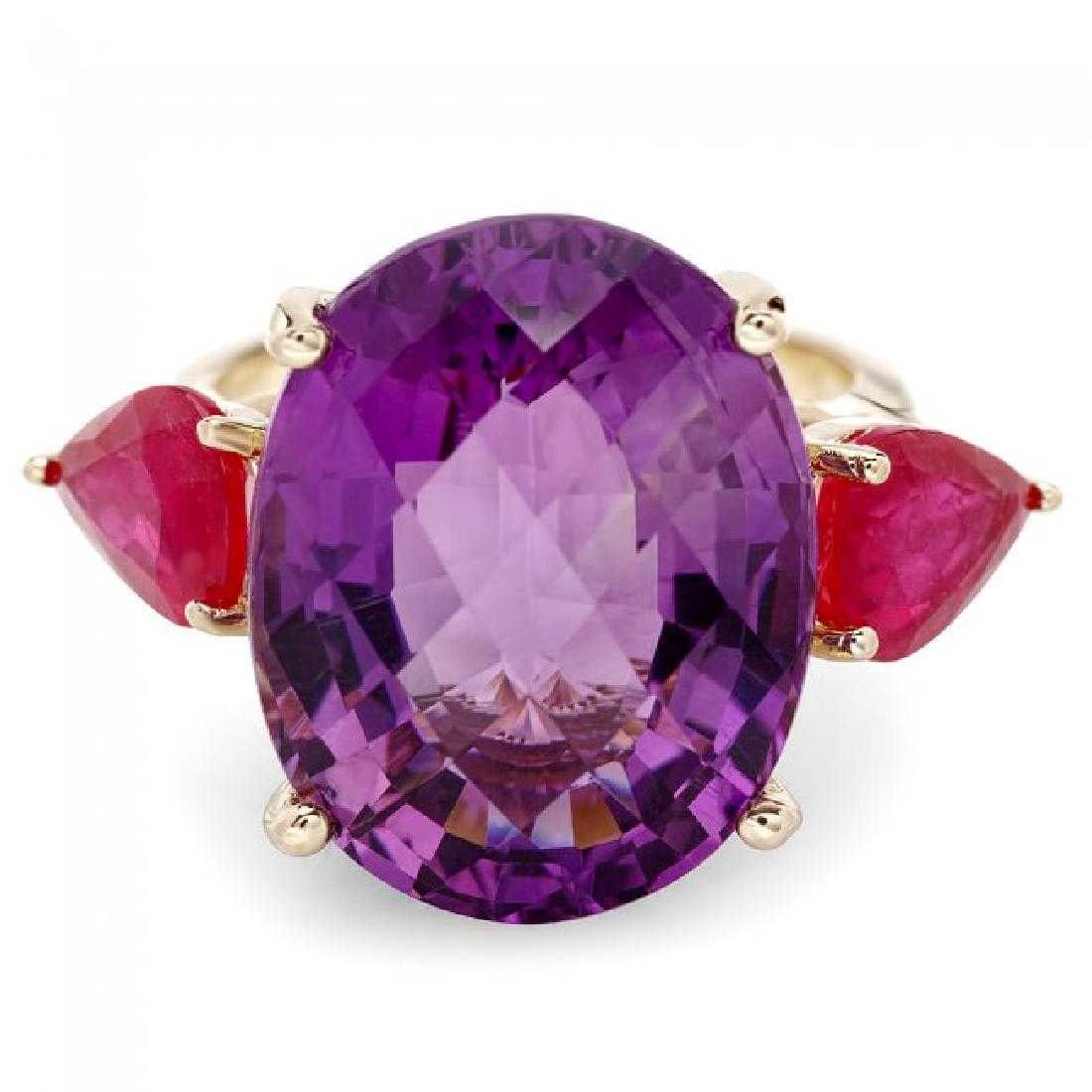 14K Yellow Gold 14.57ct Amethyst and 2.91ct Ruby Ring - 2