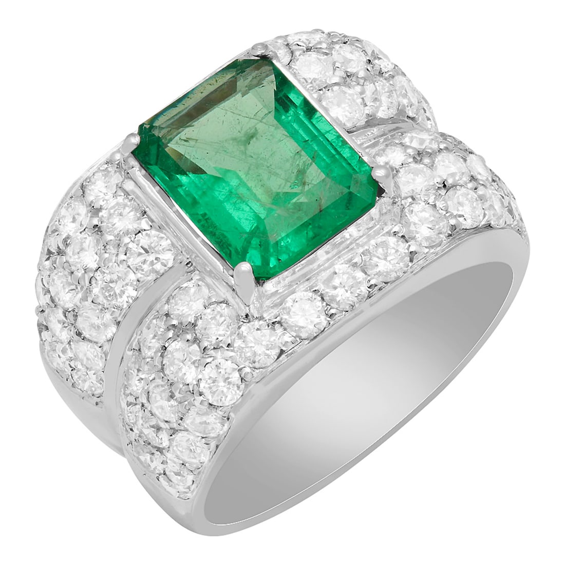 14k White Gold 3.46ct Emerald 3.68ct Diamond Ring: Retail: $28,825.00 ****** 14k White Gold 3.46ct Emerald 3.68ct Diamond Ring ****** Metal: 14K White Gold / Total Item Weight: 14.10 grams / Country Made: United States / / Main Stone: Emerald /