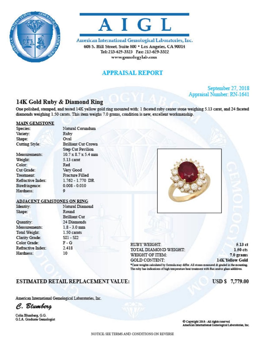 14K Yellow Gold 5.13ct Ruby and 1.50ct Diamond Ring - 5