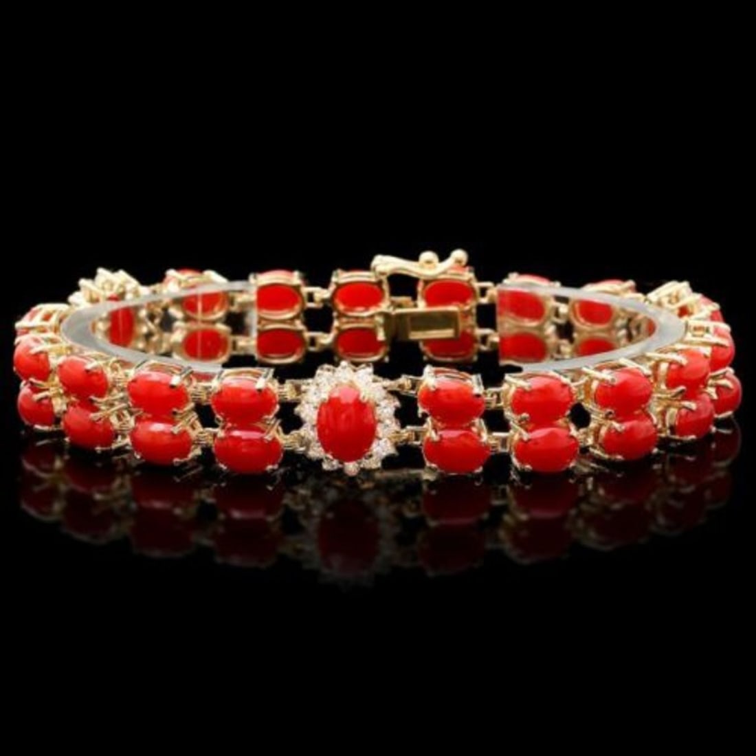 14K Gold 25.11ct Coral 1.34ct Diamond Bracelet: Retail: $21,650.00 ****** 14K Gold 25.11ct Coral 1.34ct Diamond Bracelet ****** Metal: 14K Yellow Gold / Total Item Weight: 22.5 Grams / Country Made: United States / / Main Stone: Coral / Color: