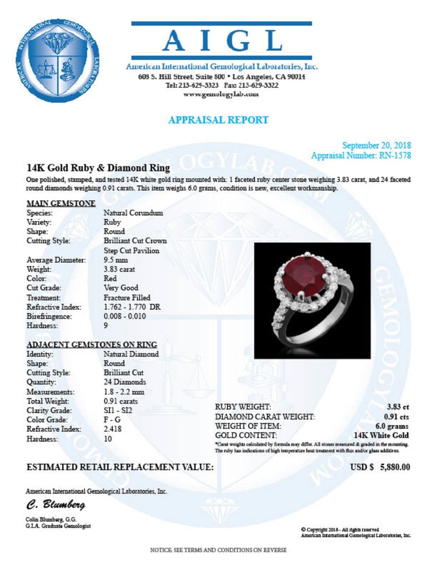 14K White Gold 3.83ct Ruby and 0.91ct Diamond Ring - 4