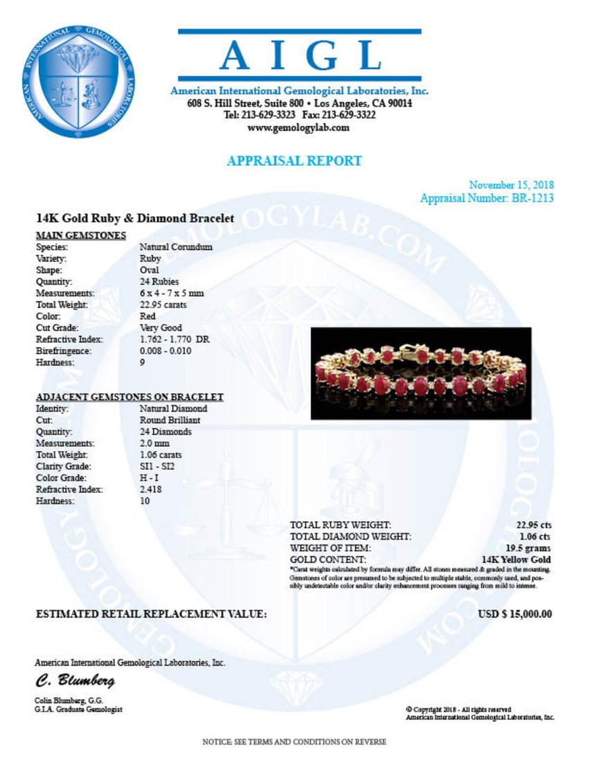 14K Gold 22.95ct Ruby 1.06ct Diamond Bracelet - 6