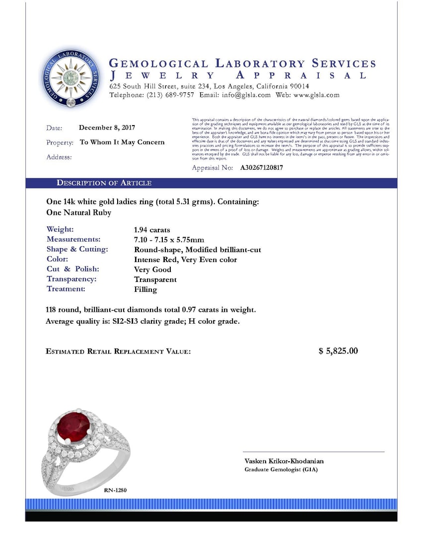 14k White Gold 1.94ct Ruby 0.97ct Diamond Ring - 4