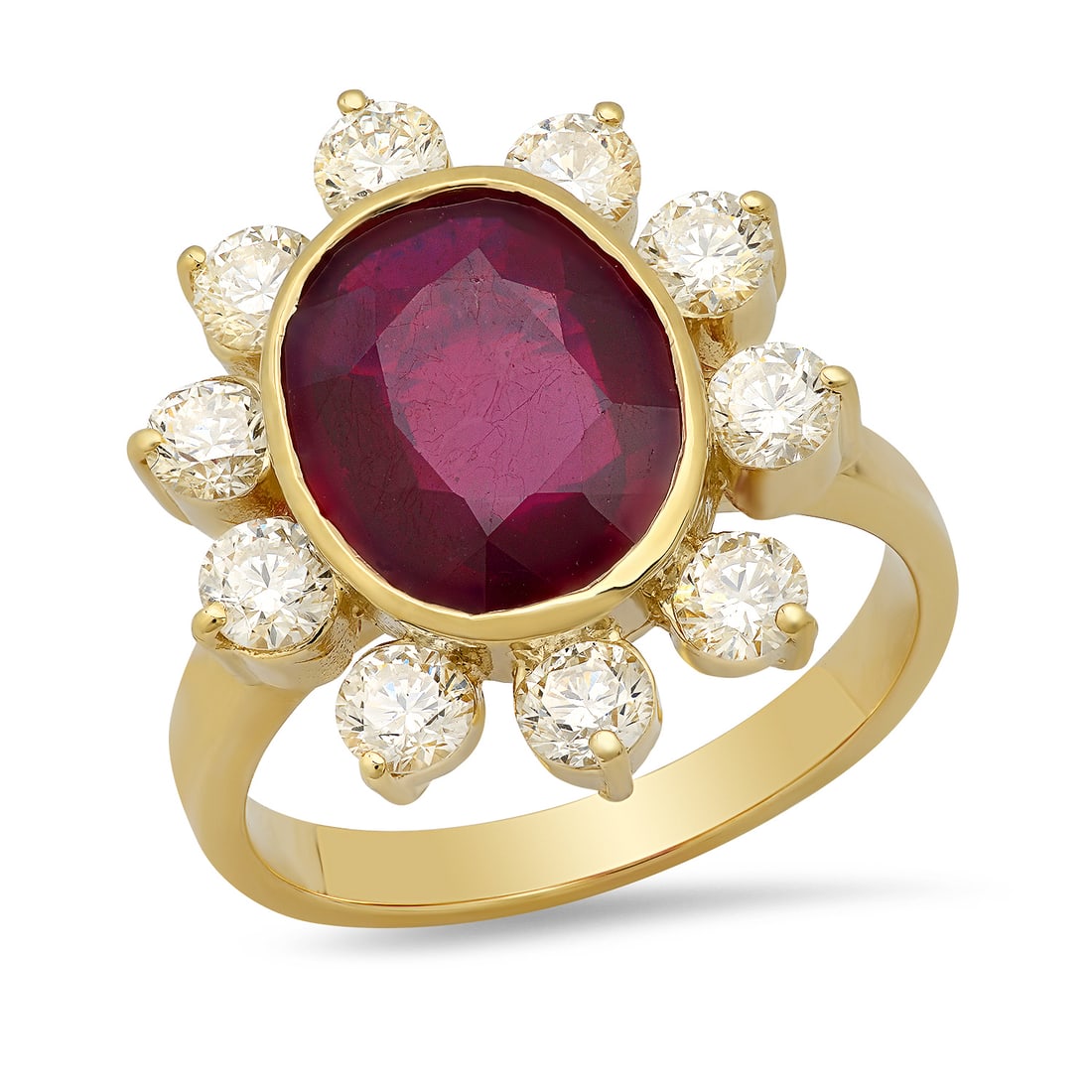 14K Yellow Gold with 7.50ct Ruby and 1.58ct Diamond Ring: Retail: $6,815.00 ****** 14K Yellow Gold with 7.50ct Ruby and 1.58ct Diamond Ring ****** Size: 7 (we offer free resizing to winning bidders) / Metal: 14K Yellow Gold / Total Item Weight: 6.1 Grams /
