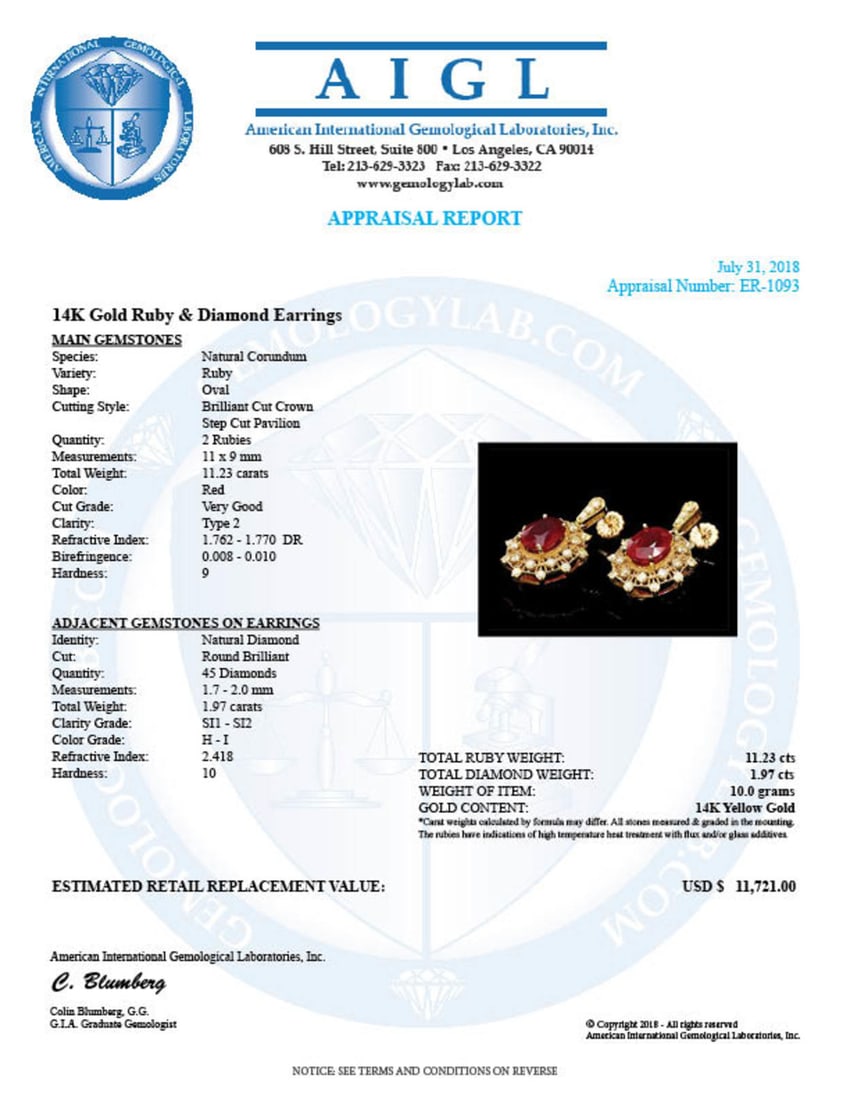 14k Gold 11.23ct Ruby 1.97ct Diamond Earrings - 3
