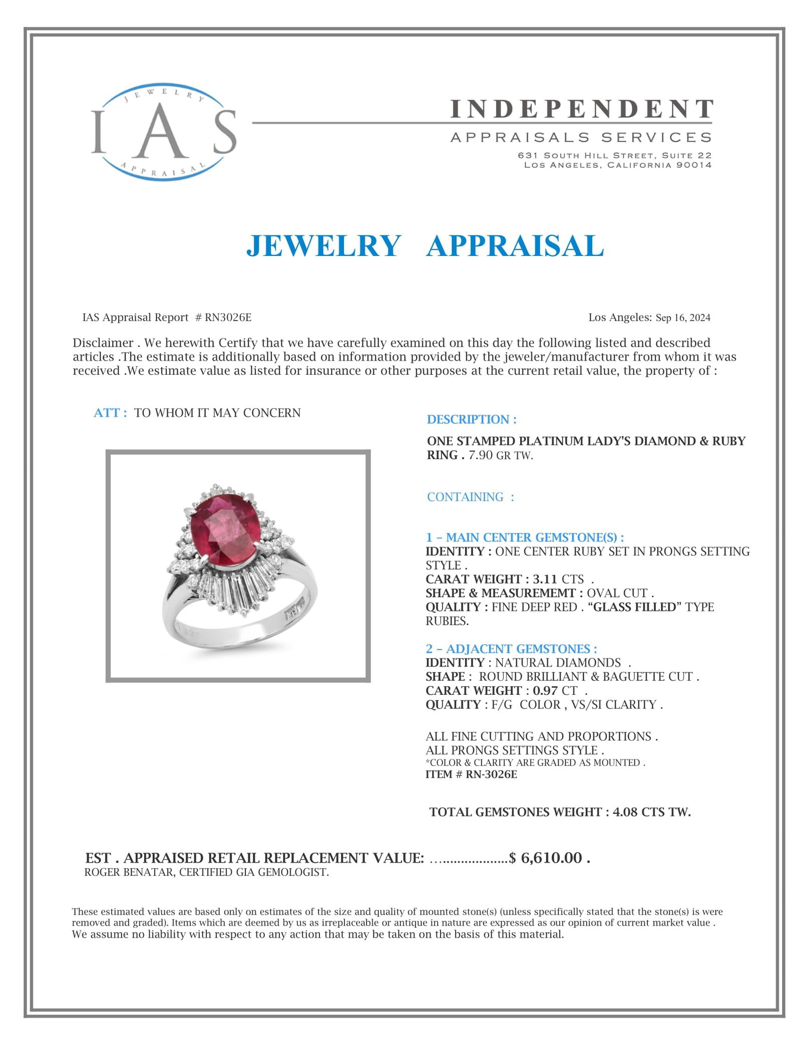 Platinum Setting with 3.11ct Ruby and 0.97ct Diamond Ladies Ring - 5