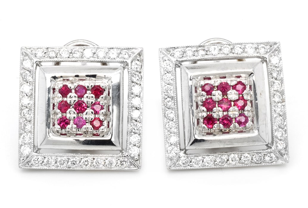 18K White Gold Ladies Earrings with 0.55ct Natural Rubies and 0.88ct tw Adjacent Diamonds: Retail: $8,500.00 ****** 18K White Gold Ladies Earrings with 0.55ct Natural Rubies and 0.88ct tw Adjacent Diamonds ****** Metal: 18K White Gold / Total Item Weight: 10.58 Grams / Country Made: United