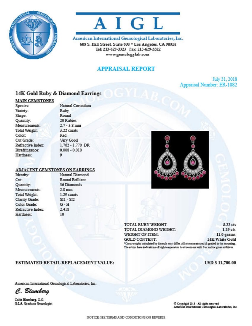 14k Gold 3.22ct Ruby 1.29ct Diamond Earrings - 4