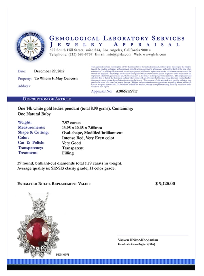 14k White Gold 7.97ct Ruby 1.79ct Diamond Pendant - 4