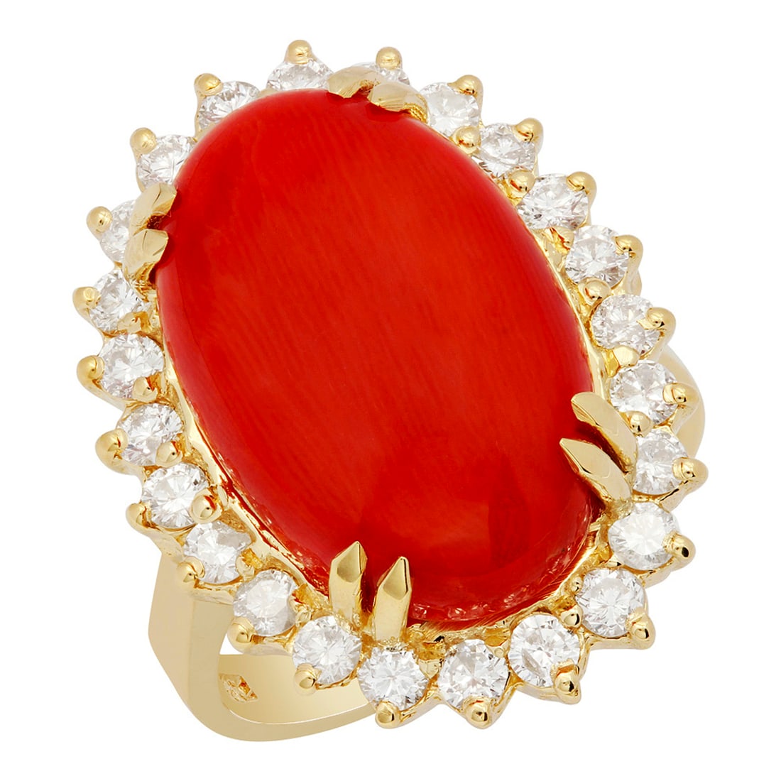 14k Yellow Gold 11.34ct Coral 1.05ct Diamond Ring: Retail: $11,600.00 ****** 14k Yellow Gold 11.34ct Coral 1.05ct Diamond Ring ****** Metal: 14K Yellow Gold / Total Item Weight: 9.50 grams / Country Made: United States / / Main Stone: Coral / Color: I