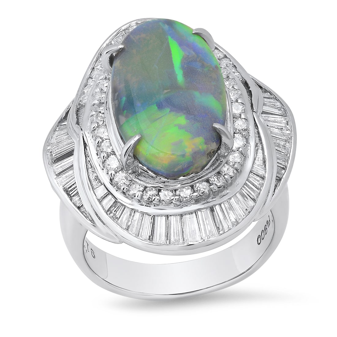 Platinum Setting with 4.68ct Opal and 1.76ct Diamond Ladies Ring: Retail: $12,810.00 ****** Platinum Setting with 4.68ct Opal and 1.76ct Diamond Ladies Ring ****** Size: 6.75(we offer free resizing to winning bidders) / Metal: Platinum / Total Item Weight: 18.8