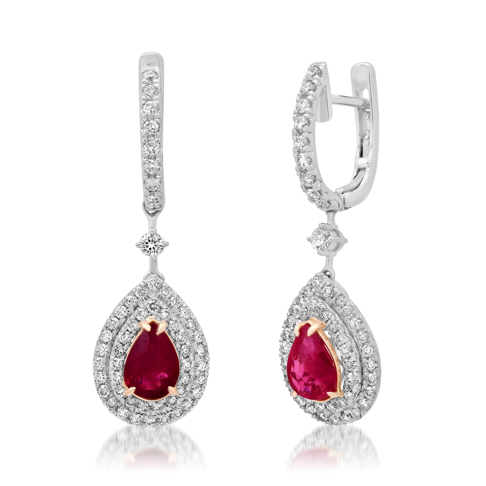 18K White and Yellow Gold Setting with 1.60ct Ruby and 1.20ct Diamond Earrings: Retail: $9,600.00 ****** 18K White and Yellow Gold Setting with 1.60ct Ruby and 1.20ct Diamond Earrings ****** Metal: 18K White and Yellow Gold / Total Item Weight: 6.3 Grams / Country Made: United