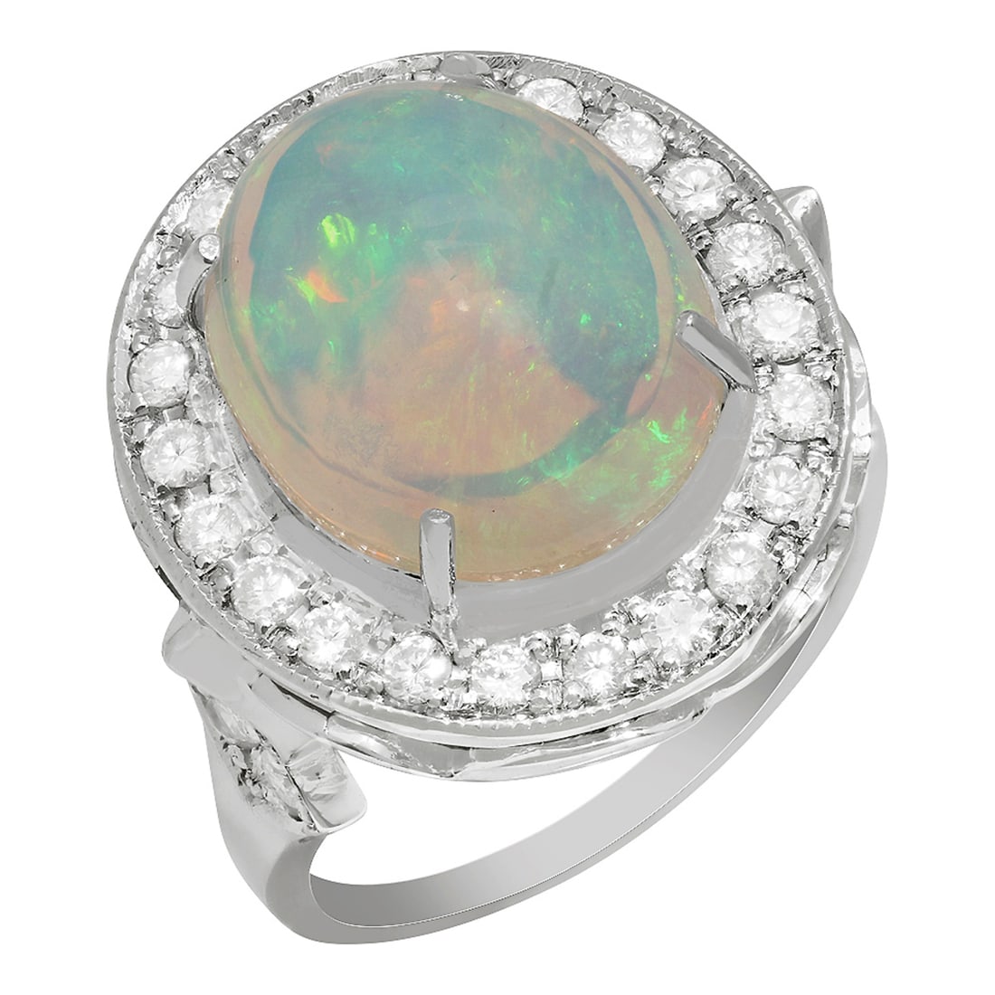 14k White Gold 5.57ct Opal 1.01ct Diamond Ring: Retail: $10,555.00 ****** 14k White Gold 5.57ct Opal 1.01ct Diamond Ring ****** Metal: 14K White Gold / Total Item Weight: 8.30 grams / Country Made: United States / / Main Stone: Opal / Color: Play o