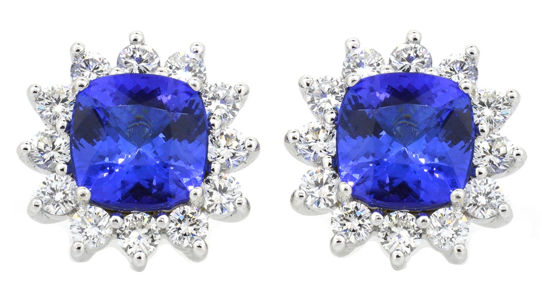18K White Gold Ladies Earrings with 5.70ct tw Tanzanite and 2.16ct tw Adjacent Diamonds: Retail: $21,000.00 ****** 18K White Gold Ladies Earrings with 5.70ct tw Tanzanite and 2.16ct tw Adjacent Diamonds ****** Metal: 18K White Gold / Total Item Weight: 11.3 / Country Made: United States /