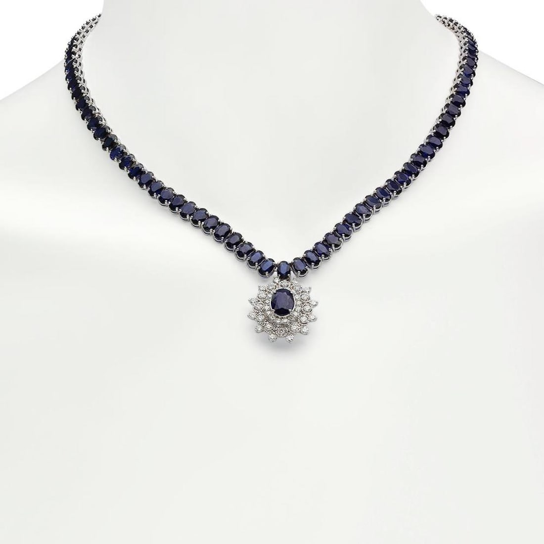 14K Gold 53.78ct Sapphire 2.71ct Diamond Necklace: Retail: $26,250.00 ****** 14K Gold 53.78ct Sapphire 2.71ct Diamond Necklace ****** Metal: 14K Solid Gold / Total Item Weight: 37.1 grams / Country Made: United States / / Main Stone: Sapphire / Color: