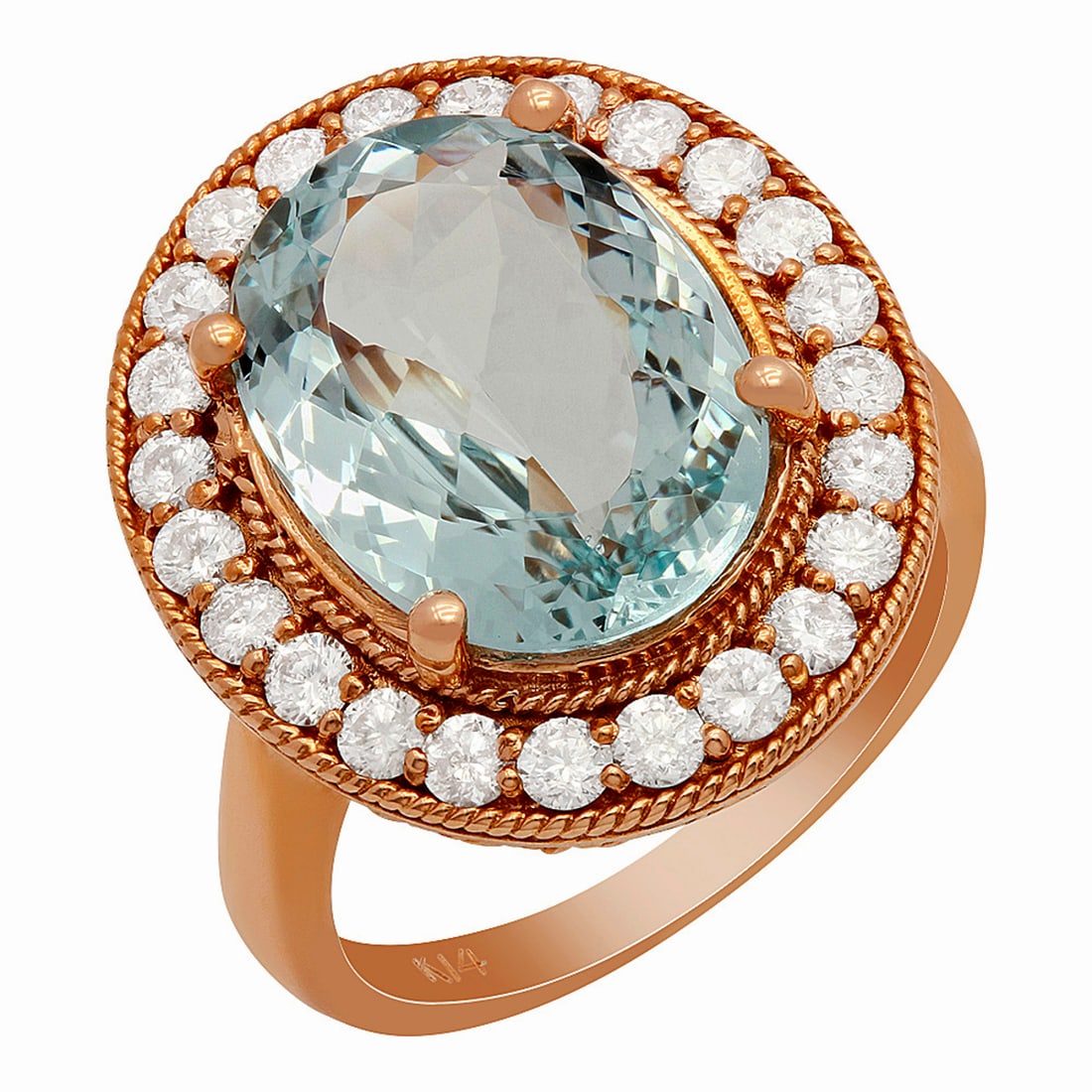 14k Rose Gold 7.65ct Aquamarine 1.05ct Diamond Ring: Retail: $8,890.00 ****** 14k Rose Gold 7.65ct Aquamarine 1.05ct Diamond Ring ****** Metal: 14K Rose Gold / Total Item Weight: 8.10 grams / Country Made: United States / / Main Stone: Aquamarine / Colo