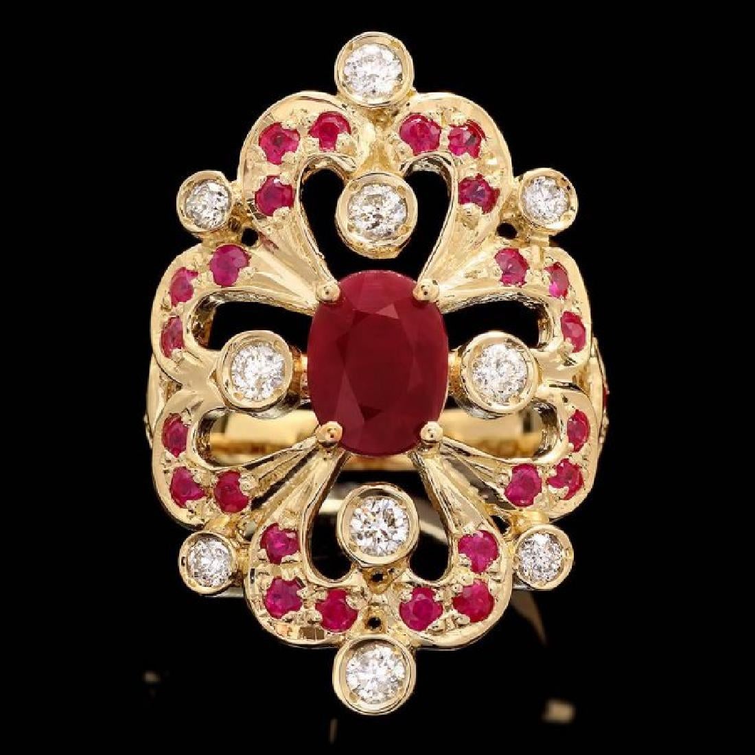 14K Yellow Gold 2.12ct Ruby and 0.48ct Diamond Ring: Retail: $5,275.00 ****** 14K Yellow Gold 2.12ct Ruby and 0.48ct Diamond Ring ****** Metal: 14K Yellow Gold / Total Item Weight: 9.0 Grams / Country Made: United States / / Main Stone: Ruby / Color: Re