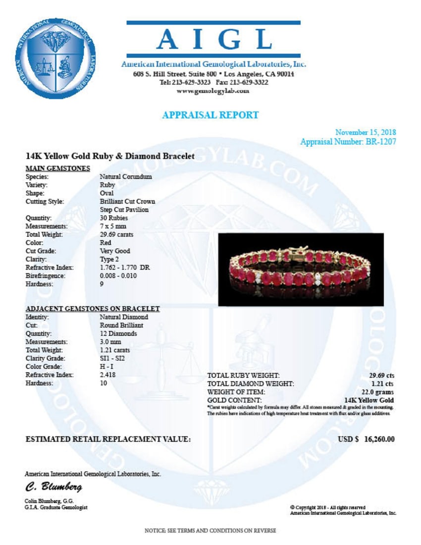 14K Gold 29.69ct Ruby 1.21ct Diamond Bracelet - 6