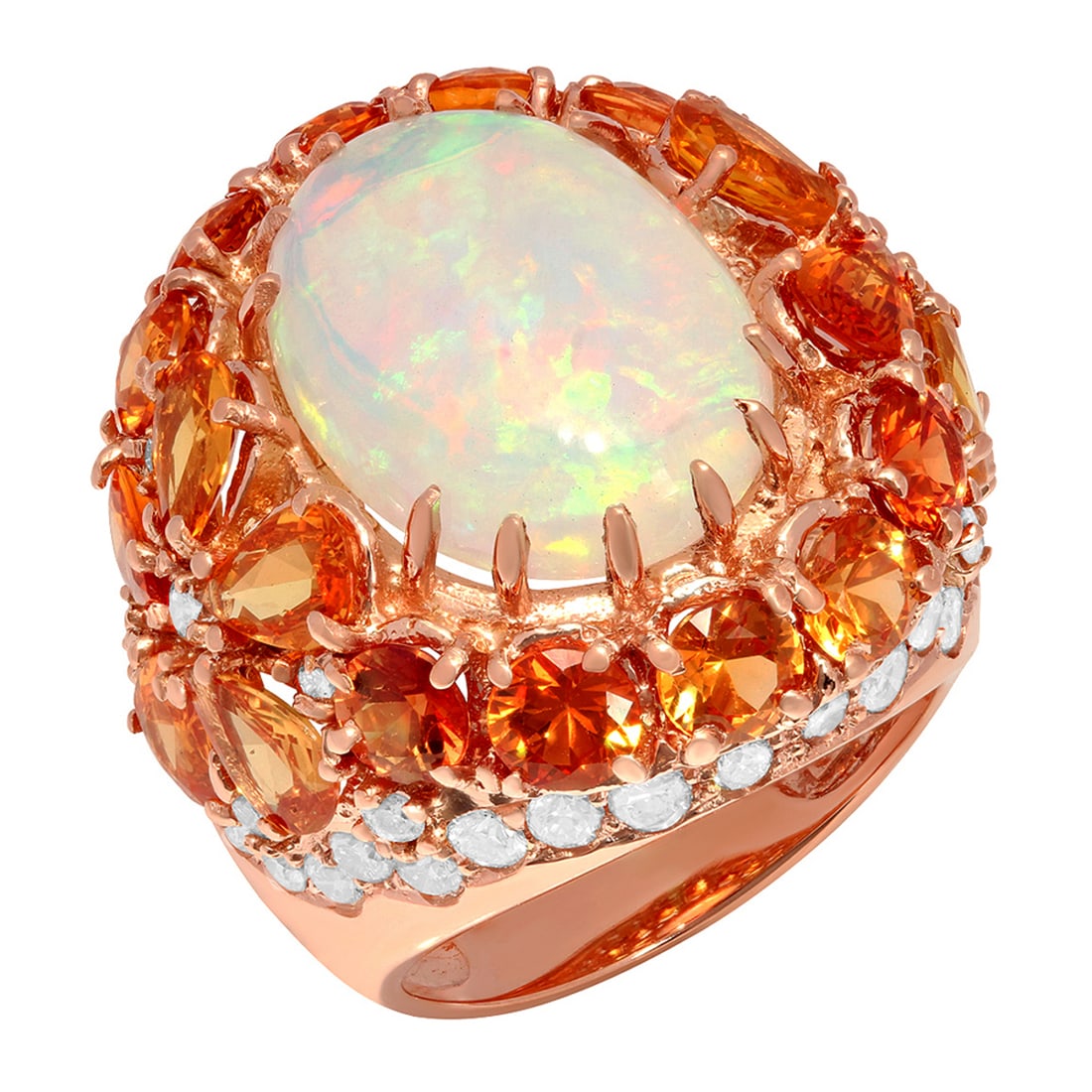 14k Rose Gold 7.02ct White Opal 9.56ct Orange Sapphire 2.28ct Diamond Ring: Retail: $22,250.00 ****** 14k Rose Gold 7.02ct White Opal 9.56ct Orange Sapphire 2.28ct Diamond Ring ****** Metal: 14K Rose Gold / Total Item Weight: 14.25 grams / Country Made: United States / / Main