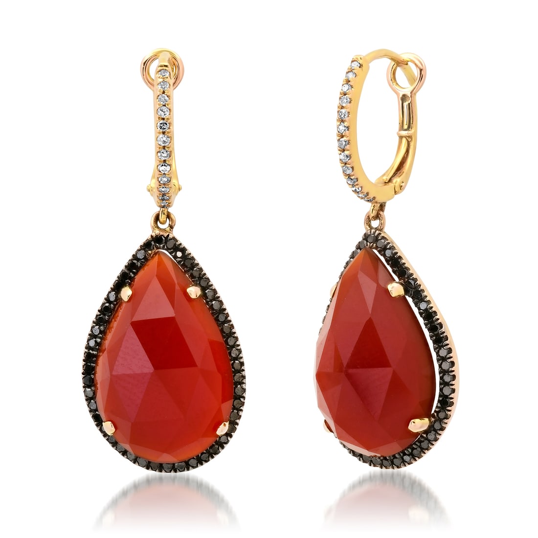 14K Yellow Gold Setting with 10.0ct Carnelian, 0.59ct Black Diamond and 0.13ct Diamond Earrings: Retail: $5,108.00 ****** 14K Yellow Gold Setting with 10.0ct Carnelian, 0.59ct Black Diamond and 0.13ct Diamond Earrings ****** Metal: 14K Yellow Gold / Total Item Weight: 6.2 Grams / Country Made: Un