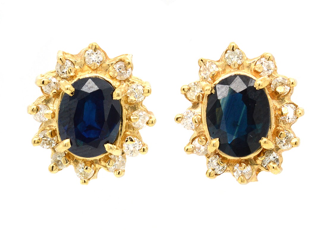 14K Yellow Gold Ladies Earrings with 3.43tcw Sapphires and 0.64tcw Adjacent Diamonds: Retail: $4,500.00 ****** 14K Yellow Gold Ladies Earrings with 3.43tcw Sapphires and 0.64tcw Adjacent Diamonds ****** Metal: 14K Yellow Gold / Total Item Weight: 4.5 Grams / Country Made: United States