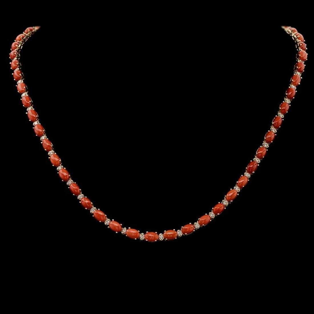 14K Gold 18.49ct Coral 1.17ct Diamond Necklace: Retail: $15,565.00 ****** 14K Gold 18.49ct Coral 1.17ct Diamond Necklace ****** Metal: 14K Solid Gold / Total Item Weight: 18.2 grams / Country Made: United States / / Main Stone: Coral / Color: Orang