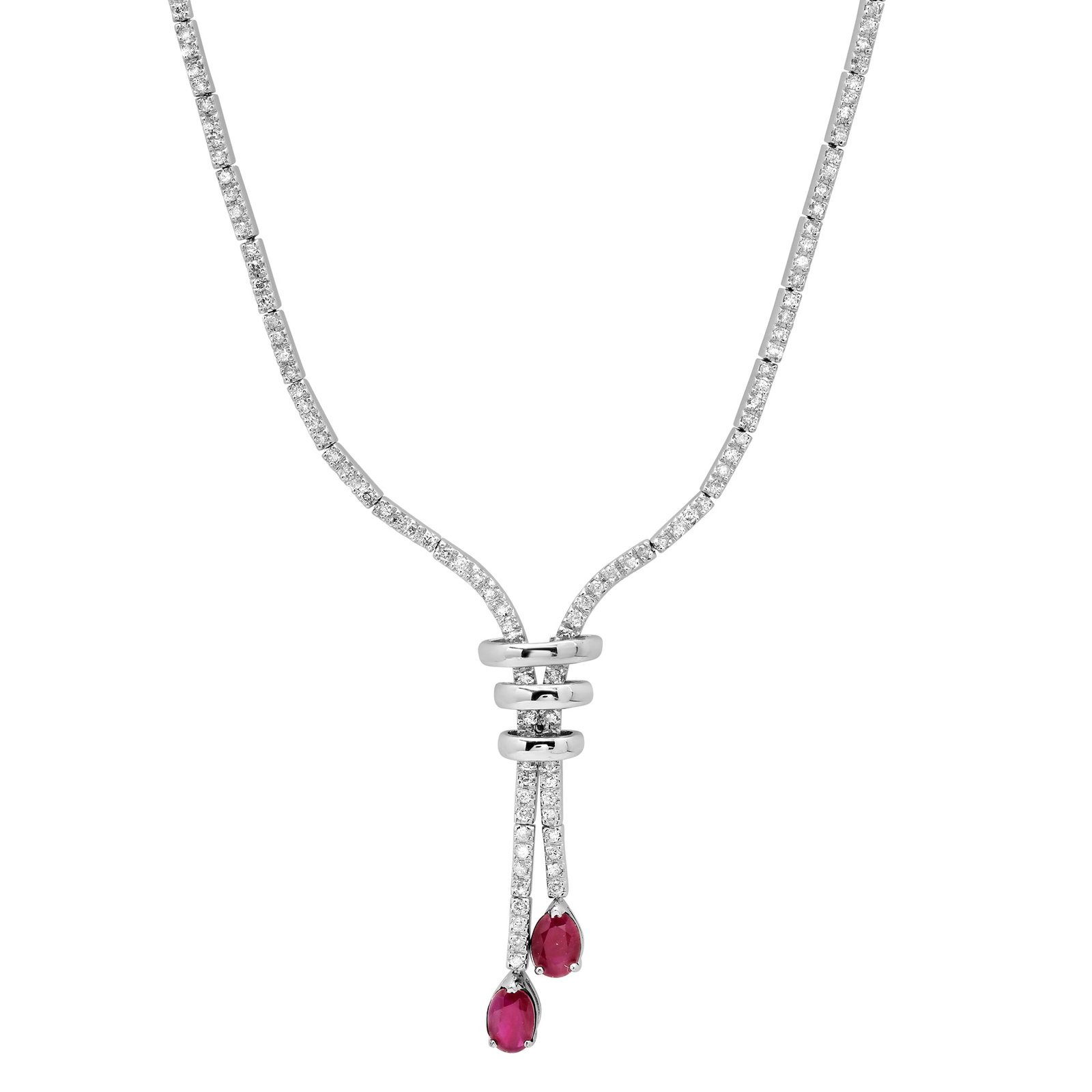 18K White Gold Setting with 1.68ct Ruby and 1.74ct Diamond Ladies Necklace: Retail: $12,115.00 ****** 18K White Gold Setting with 1.68ct Ruby and 1.74ct Diamond Ladies Necklace ****** Size: 16 / Metal: 18K White Gold / Total Item Weight: 29.6 Grams / / Main Stone: Ruby / Colo
